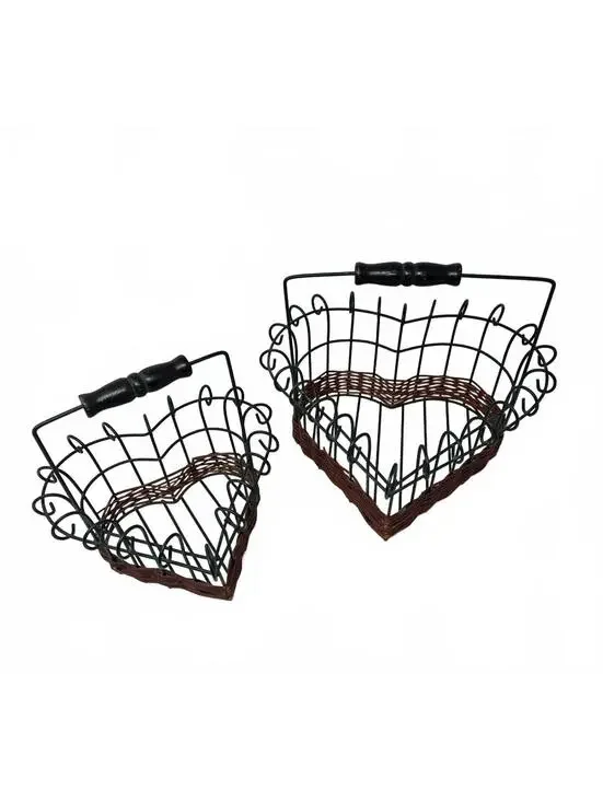 Vintage Heart Wire Basket Set of 2 Green Brown Wicker Farmhouse Wood Handles