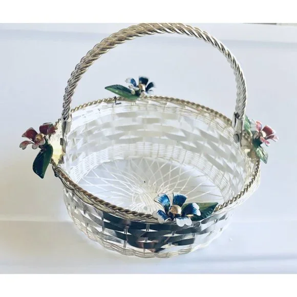 Vintage Hand Woven Wire Basket Silver Plated Pretty‎ Flowers Gift- NIB