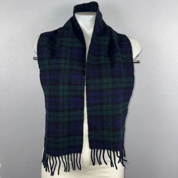Polo Ralph Lauren Scarf 100% Lambswool Plaid Tartan Blue Green Black Classic