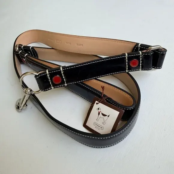 Vintage Y2K Coach Large Black Patent Leather Dog Leash Hearts & Bones 60065