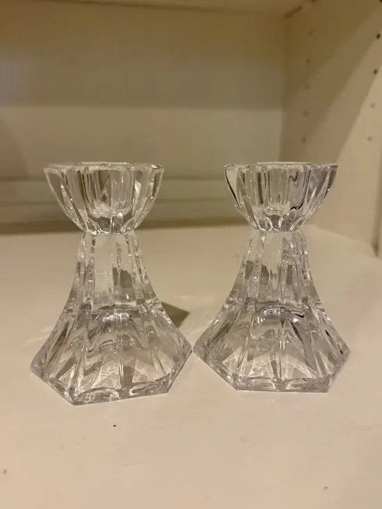 Vintage Clear Cut Crystal Candlestick Holders Pair Hexagonal Base Taper Candle