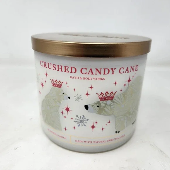 Bath Body Works Crushed Candy Cane 3 Wick Candle 14.5 oz White Barn Polar Bear