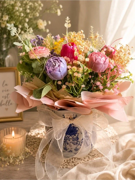 Floral Candle Bouquet Arrangement in Pink and Purple Vase Accent- Handcrafted🕯️✨