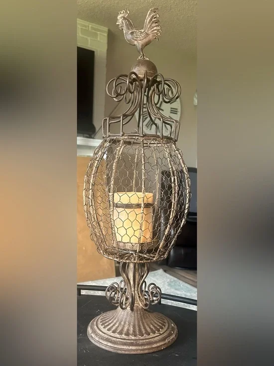 Rooster-topped wire cage candle holder distressed,metal bronze finish,farmhouse
