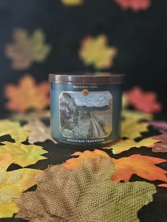 NWT Bath & Body Works Mountain Teakwood 3-wick Candle - Blue & Brown