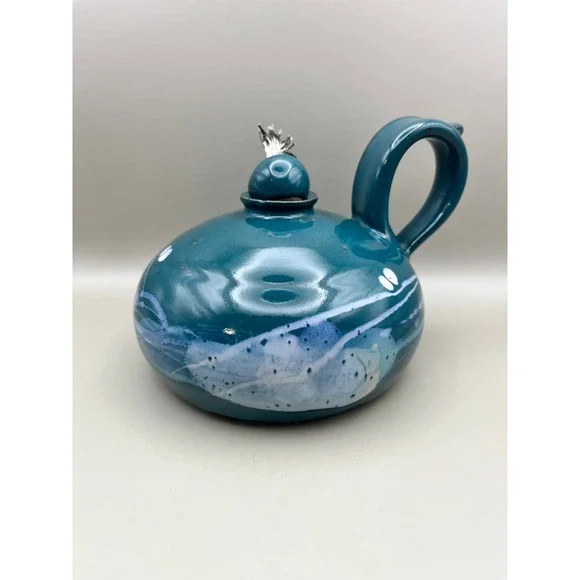 Signed Studio Pottery Oil Lamp Teal Glaze Swirl Ceramic Wick Teresa Bowen 1980s‎