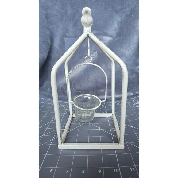 White Metal Birdhouse Votive Candle Holder Rustic Farmhouse Decor with Glass Cup