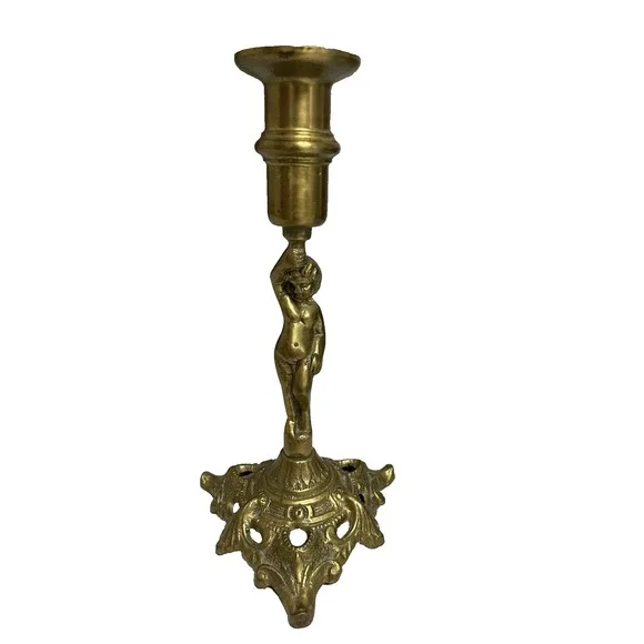 Vintage Brass Putti Cherub Candleholder Candle Stick Tripod Base 8.25