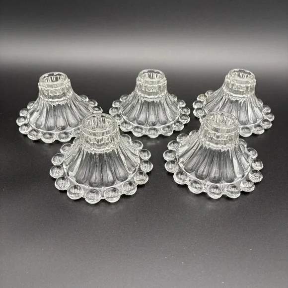Anchor Hocking Berwick Boopie Clear Candlesticks Set Of  5 Beaded‎ Glass MCM