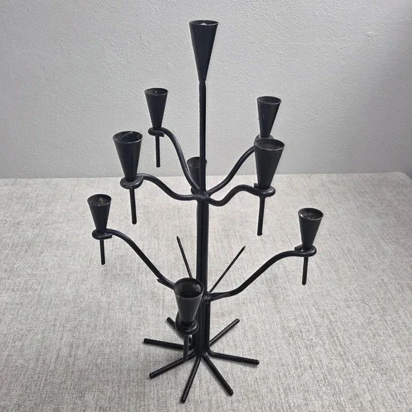 Vintage MCM Brutalist Wrought Iron 10 Light Candelabra Black Tree Candle Holder