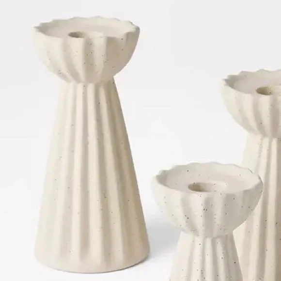 Ceramic Ribbed Taper 1/ Candle  Holder Beige - Threshold Studio  McGee