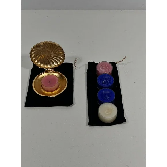 PartyLite Gold Seashell Tealight Candle Holder Set with 5 Candles and Pouches