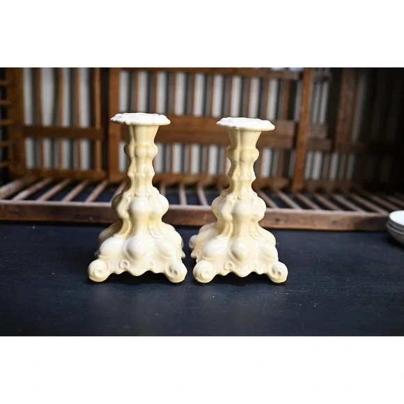 Vintage Ivory Ceramic Candle Stick Holders Holland Mold Style Set of 2 Ivory 7in