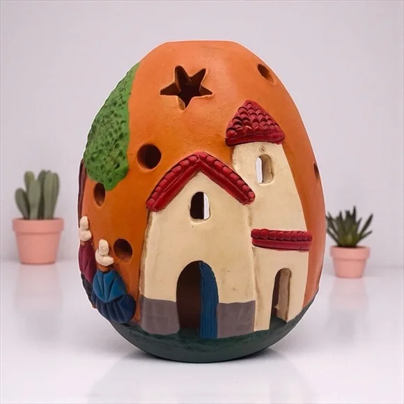 Peruvian Folk Art Nativity Tea Light Holder Hand Painted Terracotta 5.5