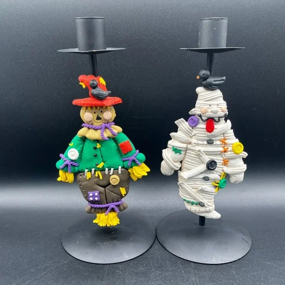 Scarecrow & Mummy Pair Of Halloween‎ Decor Black Metal Candle Holders Clay 8.5