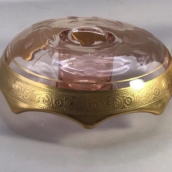 Set Of 2 Pink Depression Glass With Etched Gold Trim‎ Bowl Dish Candle Holder