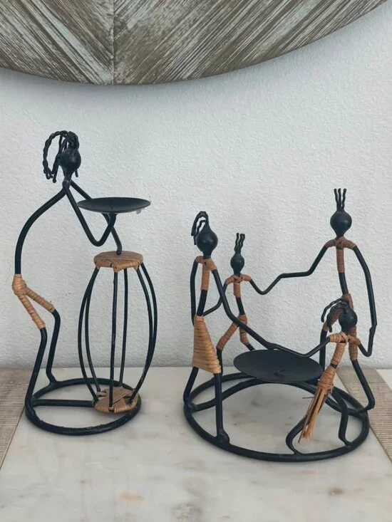 Vintage Mid-Century Modern Black Iron and Rattan Tribal Pair of Sculpted Candle