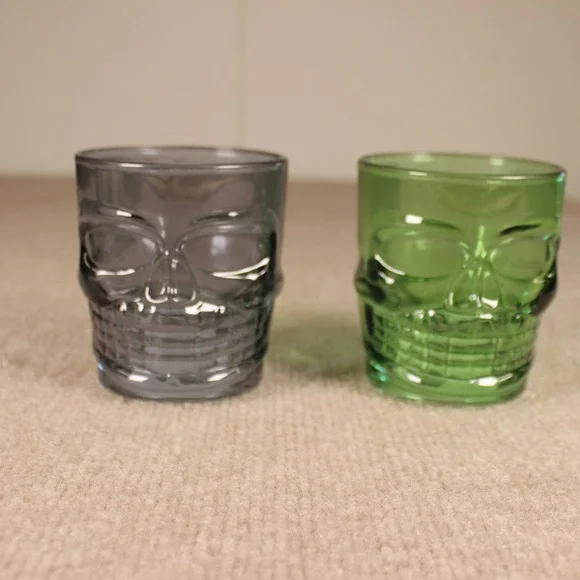 Skull Glass Votive Candle Holders Set of 2 Smoke Grey and Green Halloween Decor