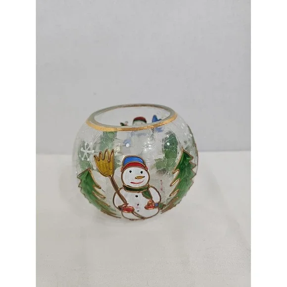Crackle Glass Votive Hand Painted Snowman Christmas EUC