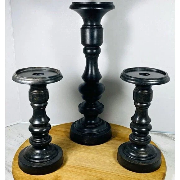 Hobby lobby Set of 3 Black Wood Pedestal Candlestick Holders 13.5” and 8.15”