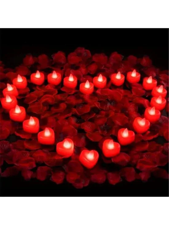 Heart LED Tea Lights Red Rose Petals Flameless Candles Valentines Wedding Decor