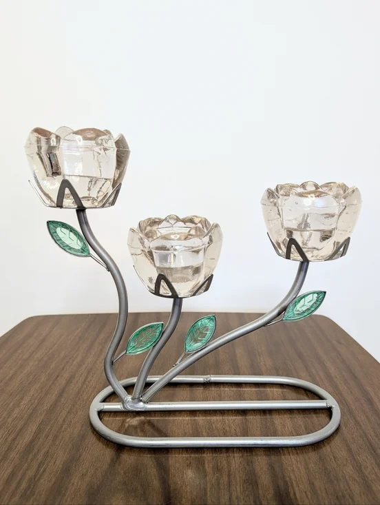 Y2K Silver Tone Metal With Green Leaves & Pale Pink Glass Flowers Candle Holder