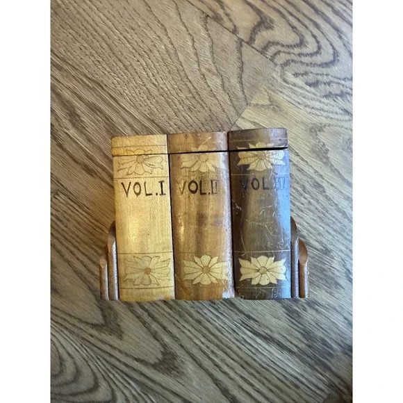 Vtg Wooden Book-Form Cigarette / Trinket Box – Hand-Carved with Floral Inlay