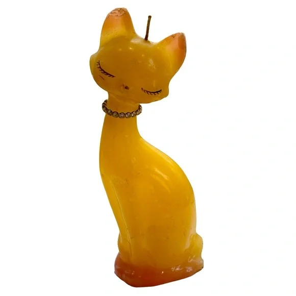 Vintage‎ Yellow Cat Shaped Candle with Rhinestone Collar