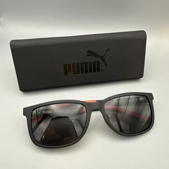 Puma Sunglasses Authentic PE0076SCOS Black/Red Polarized Gray Lens 56-18 & Case