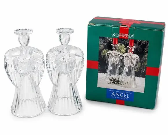 Vintage International Silver 24% Lead Crystal Angel Candle Holders Pair 7
