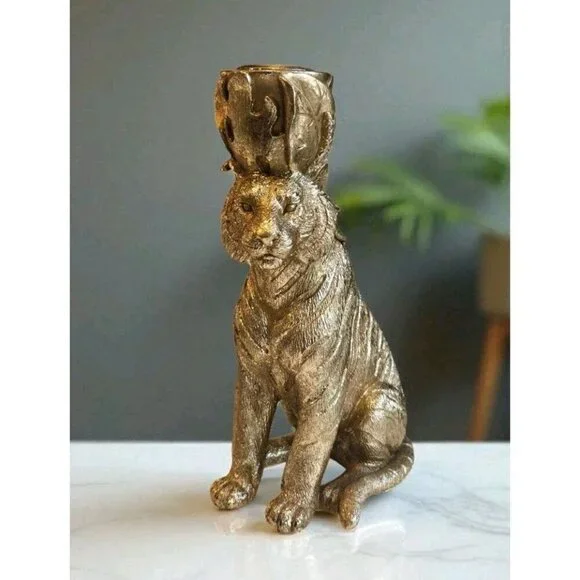 New Gold MCM Sitting Animal Tiger Candle Holder Victorian Style Room Decor