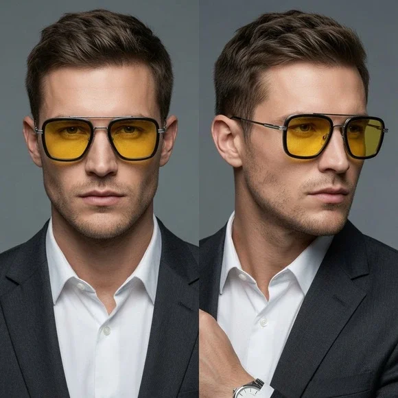 Mens Square Aviator Sunglasses Yellow Lens Silver‎ Frame Tony Stark Style Edith