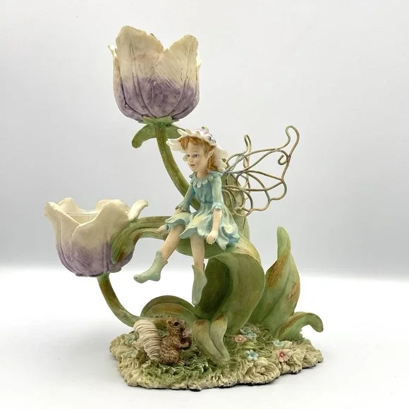 Vintage 1990s Fairy Tulip Flower Double Tealight Candle Holder Figurine 8.5