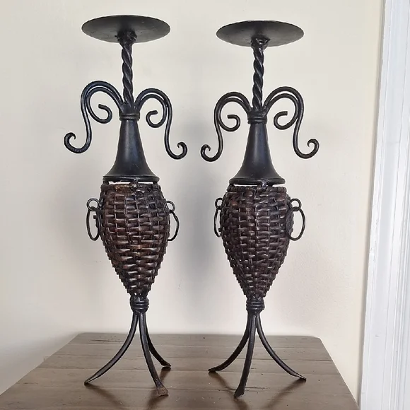 Pair Of Wrought Iron And Brown Wicker Candle Holders