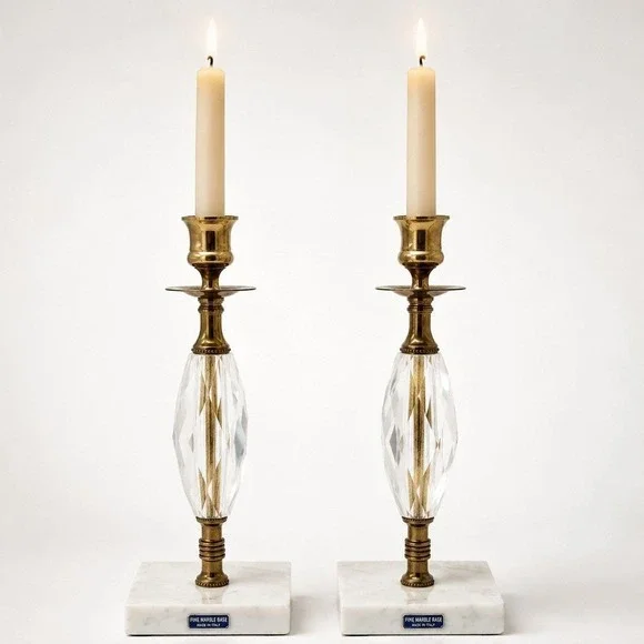 Vintage Marble, Crystal, Brass Italian Candlesticks Italy 10.5