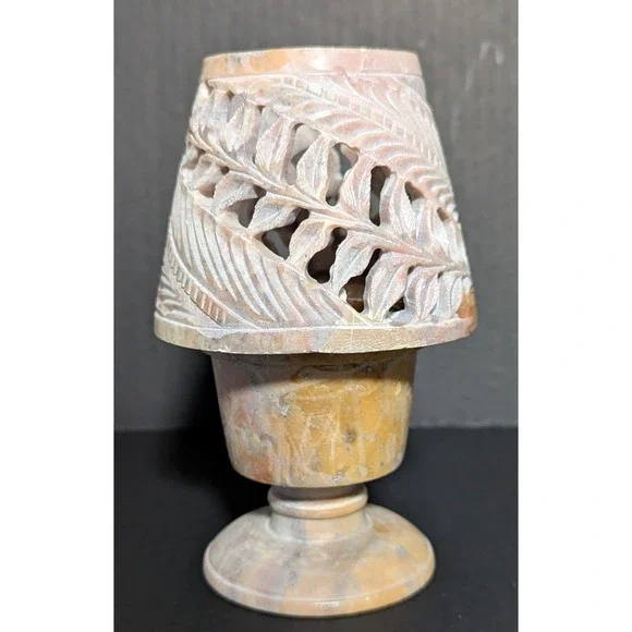 Carved Stone Tealight/Votive Candle‎ Holder and Shade Tones of Browns & Pinks 6