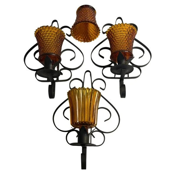 VTG Homco Wall Sconce Candle Holders Amber Hobnail Ribbed Glass‎ Black Metal X 3