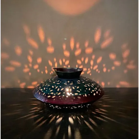 Pierced Metal Candle Lantern Green Red Leaf Cutout Boho Moroccan Light 10