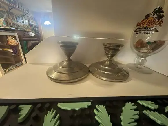 Vintage International Silver Co. Pewter Wide Base Candlestick Holders Pair - Mod