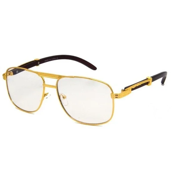 Men Sunglasses Gold Frame Wood Arms Clear‎ Lens Fashion Eyewear Glasses Street