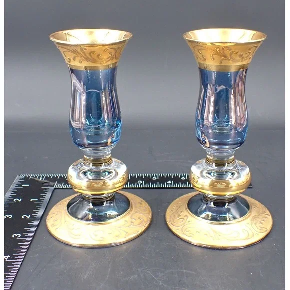 Vintage Candlestick Pair Glass Heavy Gold Leaf Cobalt Blue  5.5in