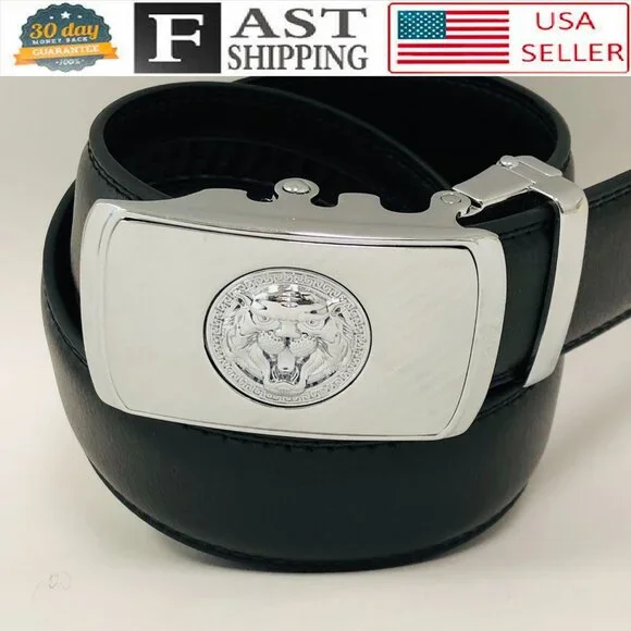 Black Leather Belt Automatic Silver‎ Lion Head Buckle Slide Belts No Hole Dress