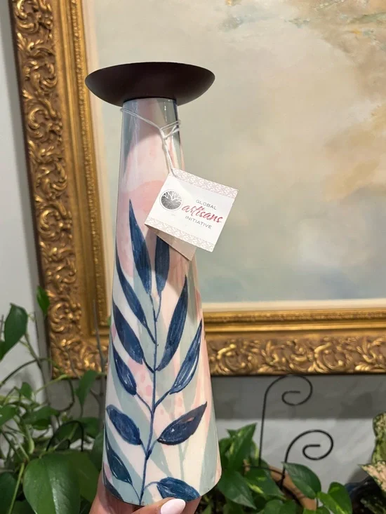 Global Artisans Blue & Pink Leaf Candle Holder