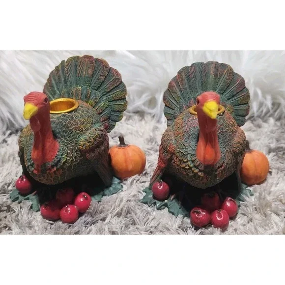 2pc Vintage Turkey Candle Holders Thanksgiving Two‎ Turkey Set Fall