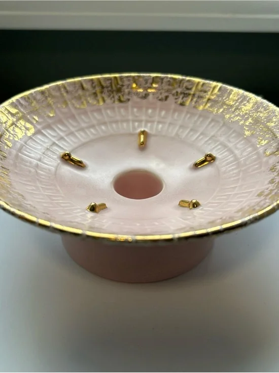 MCM Ceramic pedestal bowl candle holder pale pink Gold Sponge raised design rare