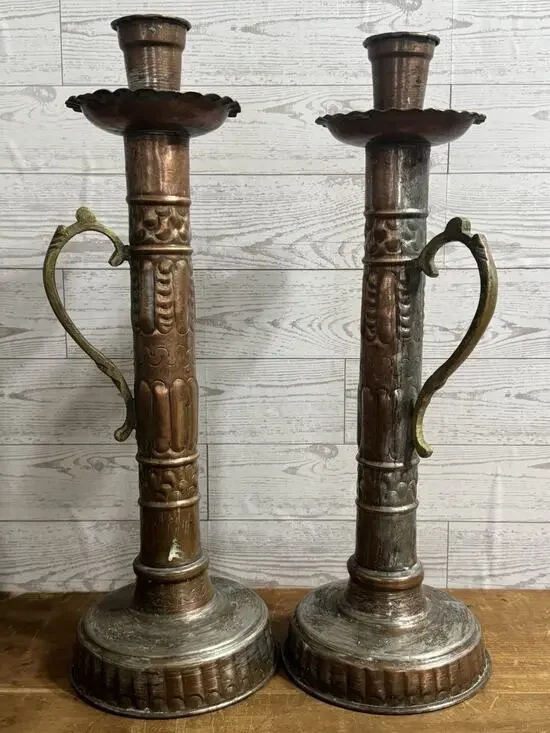 2 Large Metal Ornate Candlesticks with Handle Great Patina