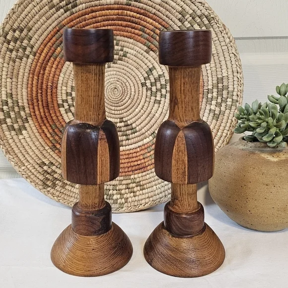 Vintage Wooden Two Toned Large Candlestick Holders Set Of Two