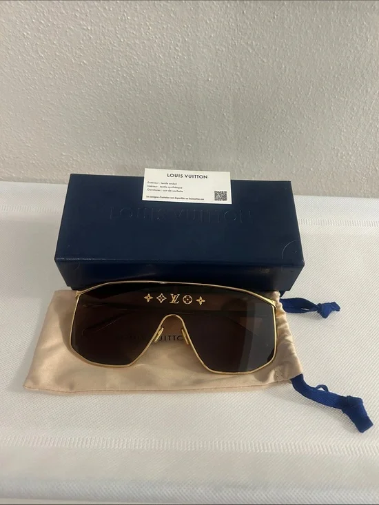 Louis Vuitton Men’s Gold Frame Brown Shield Sunglasses with LV Brow Motif