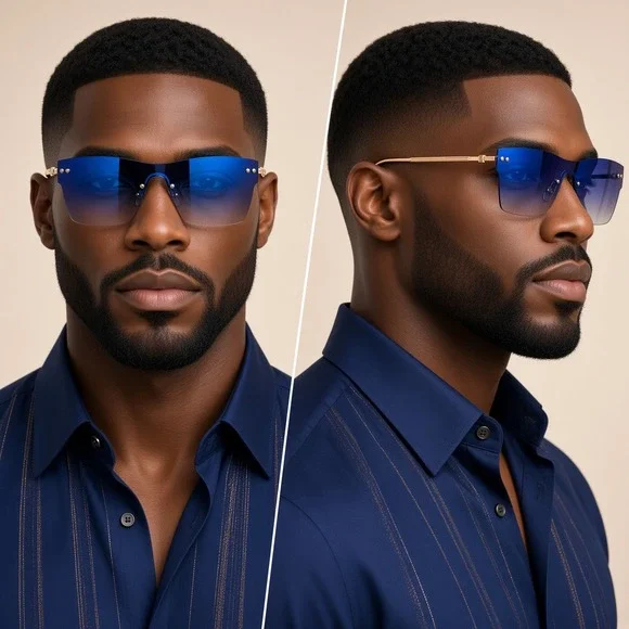 Mens Rimless Shield Sunglasses Blue Gradient Gold Metal Frame Oversized Square