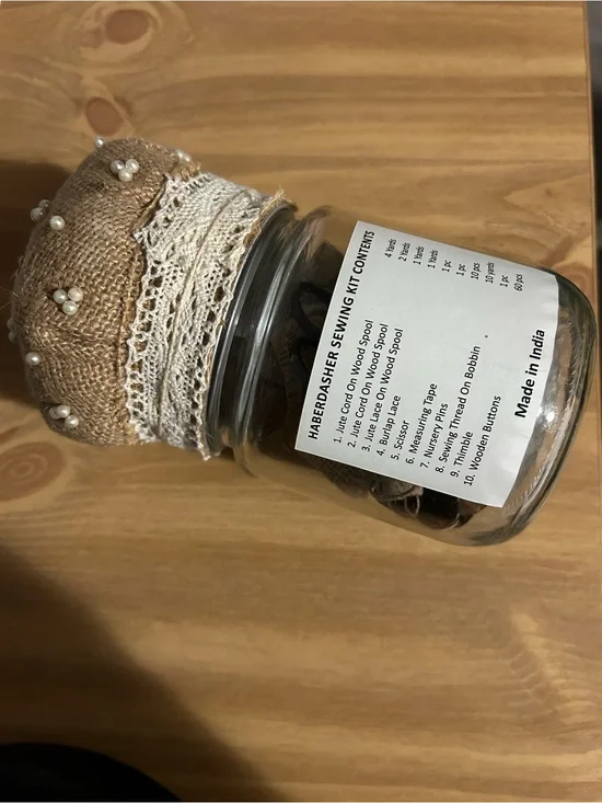 Vintage Burlap Pin Cushion Jar with Lace and Pearls - Brown & Cream
